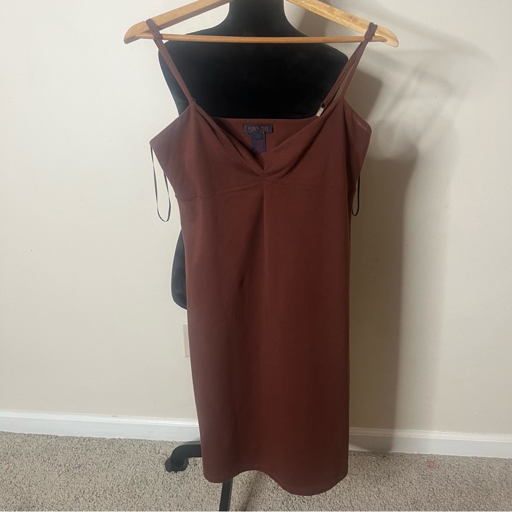 Ralph‎ Lauren Women’s Brown Spaghetti Strap Scoop Neck Jersey Knit Mini Dress L - Picture 5 of 8